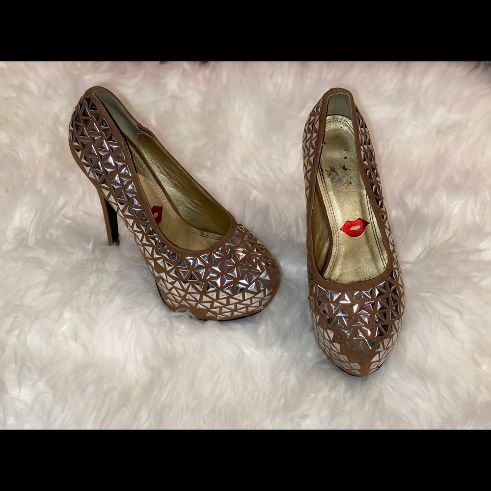 Bedazzled beige platform heels